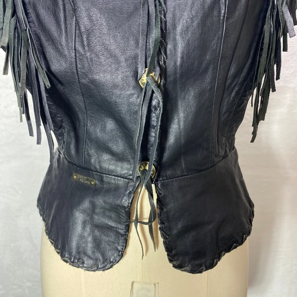 HARLEY DAVIDSON Womens XS Black Leather Vest‎ Fringe Biker Chick Motorcycle